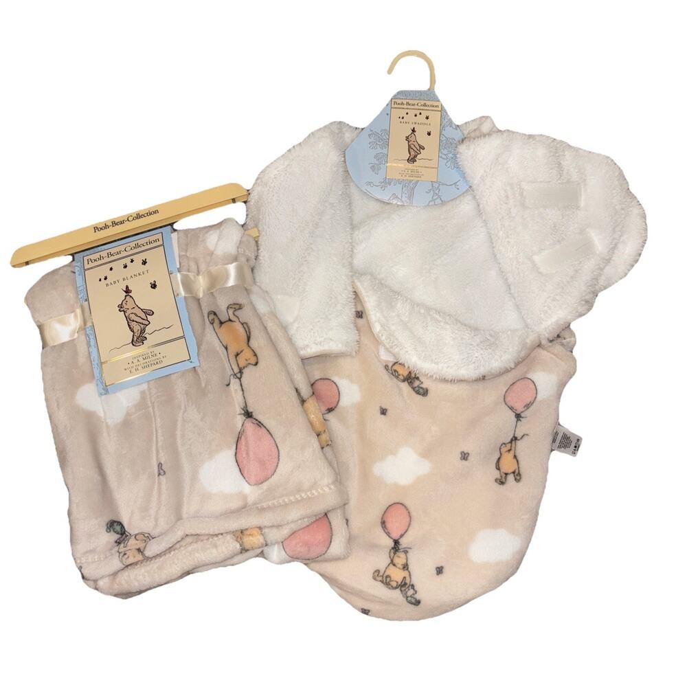 Winnie the Pooh Bear Collection Disney Plush Baby Blanket & Swaddle Balloon New